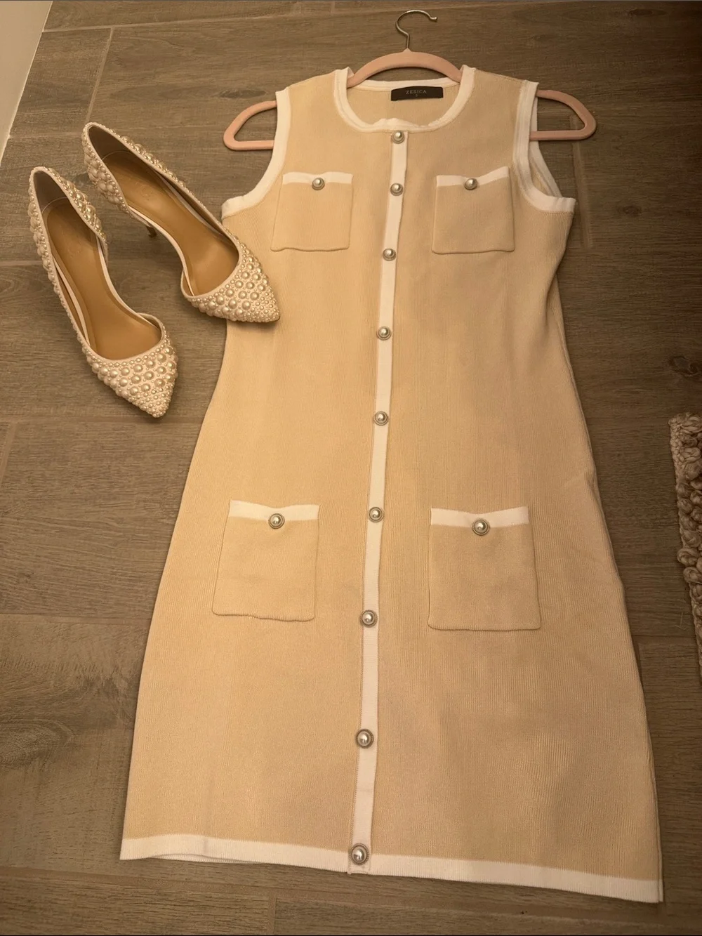 Zesica Beige Mini Knit Dress with White Trim